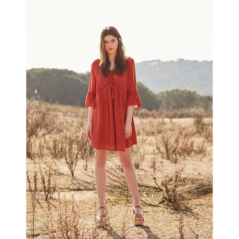 Bershka Flowy Boho Slit Sleeve Dress Tie Up Tassels Women's Medium Orange